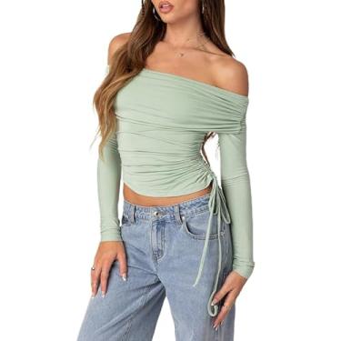 Imagem de Blusa feminina com ombros de fora em malha Y2k slim fit manga longa lisa costas nuas camiseta cropped blusa para sair tops, D1 - cordão verde, P