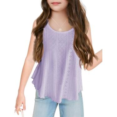 Imagem de Regata feminina rodada com ilhós, lindas alças finas para o verão, camisetas infantis bordadas sem mangas, Roxa, 13-14 Anos