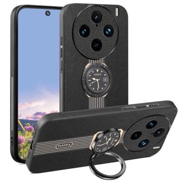 Imagem de Kainevy Capa protetora para Vivo X100 Pro de couro durável à prova de choque para celular Vivo X100 Pro preta fina com suporte de anel de metal magnético estética luxuosa elegante (preto redondo)