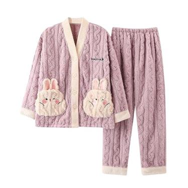 Imagem de LUBOSE Conjunto de roupa de dormir feminina de flanela de inverno, manga comprida, quente, confortável, roupa de dormir casual (3GG, coelho adorável)