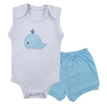 Imagem de Conjunto Body Regata Bordado Baleia e Short Tapa Fralda - Roupa Bebê Menino-Masculino