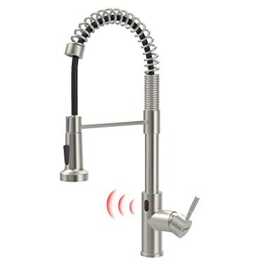 Imagem de GIMILI Torneira de cozinha sem toque com pulverizador de puxar para baixo, sensor de movimento torneira de mola de furo único ativado mãos-livres inteligente para pia de cozinha, níquel escovado