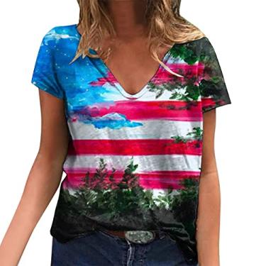 Imagem de 4th of July Tops for Women American Flag Stars Stripes Print Graphic Shirts Túnica Patriótica Solta Gola V Blusa Verão, Azul, GG