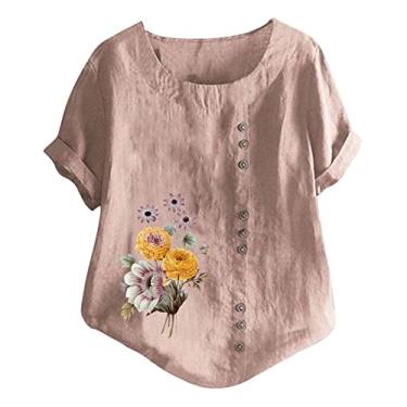 Imagem de Camiseta feminina de linho, estampa floral, caimento solto, gola redonda, botões, manga curta, camisa de verão, rosa, M