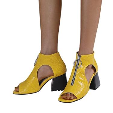 Imagem de Sandálias femininas elegantes de verão salto grosso para mulheres sandálias de couro com tiras no tornozelo sandálias peep toe para mulheres, Amarelo, 7.5