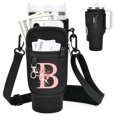 Imagem de Bolsa de transporte de garrafa de água inicial A-Z com alça para copo Stanley de 1,13 ml, suporte para garrafa de água com bolso para acessórios Stanley Cup personalizado presente de dia dos namorados