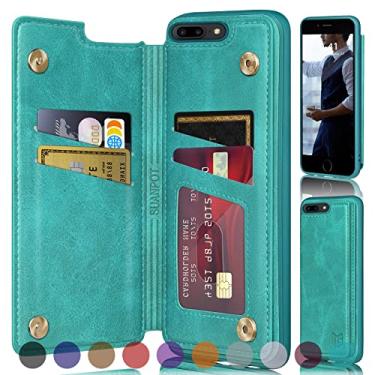 Imagem de SUANPOT 【Capa carteira com bloqueio RFID para iPhone 7 Plus/8 Plus com suporte para cartão de crédito, capa flip book de couro PU, capa para celular feminina e masculina para Apple 8Plus, azul e verde