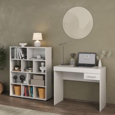 Imagem de Kit 2 Peças com Escrivaninha com Gaveta e Estante para Livros 10 Nichos Branco