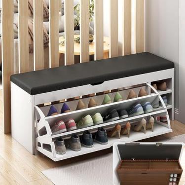Imagem de Rack de banco de sapatos para entrada, banco de armazenamento, entrada industrial com armazenamento, espaço flip top e almofada acolchoada, corredor organizador de madeira de 3 camadas, sala