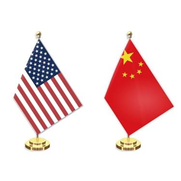 Imagem de Conjunto de 2 bandeiras pequenas para mesa americana chinesa, 12 × 20 cm, mini banner de mesa chinês, decoração de poste sólido de metal de 30 cm, faixa de poliéster impressa digital pequena com base