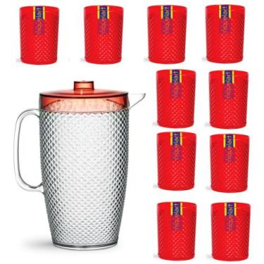 Imagem de Kit 1 Jarra 3l E 10 Copos Acrílico Resistente Crystal 490 Ml Vermlho -