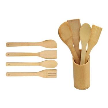 Imagem de Kit 5 Peças Colher De Pau Bambu Culinário E Suporte Premium - Não info