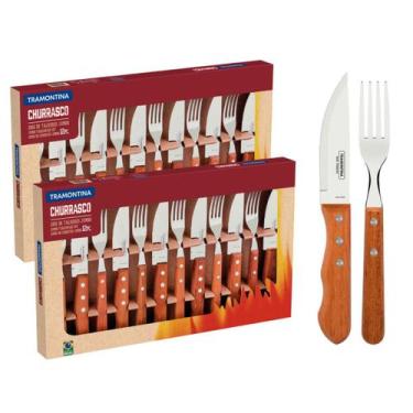 Imagem de Kit Churrasco Jogo Talheres Jumbo com Cabo de Madeira 24 peças Tramont