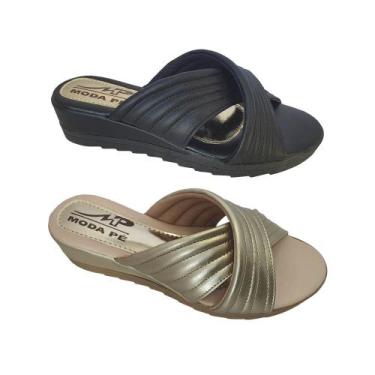 Imagem de Kit 2 Pares Tamanco Feminino Tiras Anabela Super Conforto Moda Pé, Pre