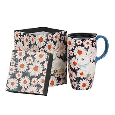 Imagem de Topadorn Caneca de café de cerâmica de 500 ml, caneca de viagem com tampa e caixa de presente colorida, xícara de chá alta com alça, caneca de presente com padrão de arte de coelho