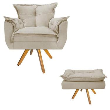 Imagem de Kit Poltrona e Puff Opala Base Giratória de Madeira Suede Bege - DAMAF