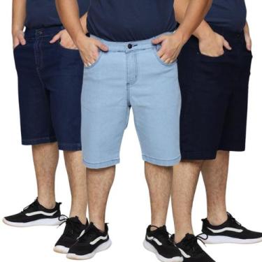 Imagem de Kit 3 Bermudas Jeans Masculina Tradicional Algodão Plus Size Premium -