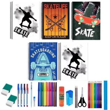 Imagem de Kit 5 Caderno Skate 96 Folhas Arame Capa Dura Com 36 Itens - Maxima ca
