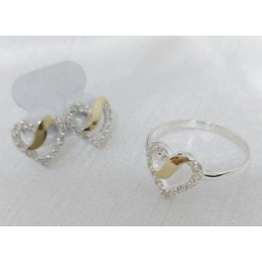 Imagem de Kit Anel E Brinco Coração Em Prata 925 Apliques de Ouro 14 K E Zircôni