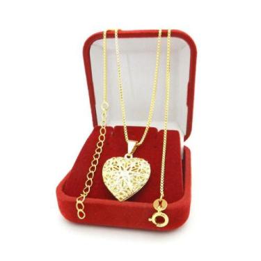 Imagem de Corrente Feminina 50cm 1mm Coração Relicário Folheado Ouro 18k CR318 -
