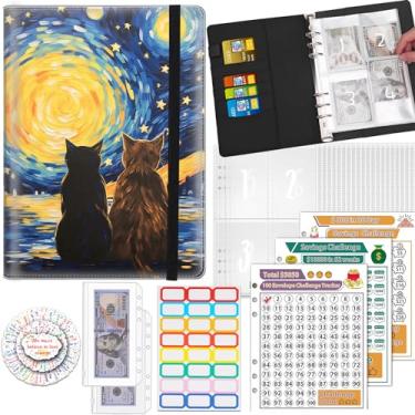 Imagem de 100 envelopes para guardar dinheiro, fichário econômico A5 com 25 envelopes para dinheiro, 3 rastreadores laminados reutilizáveis economizando US$5050, 500, 10.0000, organizador de dinheiro, gato