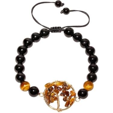 Imagem de Wizock Pulseiras espirituais de obsidiana/olho de tigre com contas de proteção Reiki cristais energéticos lascas de arame envolto árvore da vida pulseiras para mulheres e homens, Medium, Pedra,
