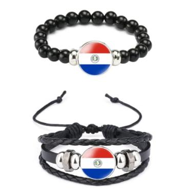 Imagem de Ykonuyis Pulseira de corda elástica de metal com contas pretas e pulseira de corda trançada de couro de liga para homens e mulheres apoia o seu país, Medium, Zinco, Vidro