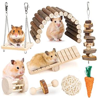 Imagem de BBjinronjy Conjunto de brinquedos para mastigar e balançar para hamster e outros roedores pequenos, com brinquedo balanço e ponte de gangorra, feito de madeira e montagem no chão