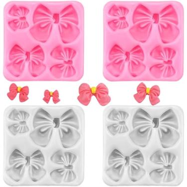 Imagem de 4 peças moldes de laço de chocolate molde de fondant de silicone mini molde de resina epóxi moldes pop para cupcake bolo doce chocolate sugarcraft pudim decoração (rosa + cinza)