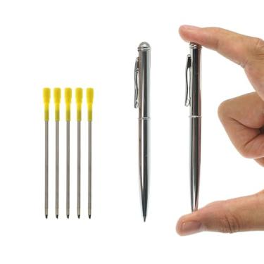 Imagem de ESSSO Pacote com 2 mini canetas com 5 refis e bolsa – Caneta de bolso de metal com mecanismo de recarga giratória, apenas canetas retráteis EDC de 100 mm para anotações, presentes perfeitos para