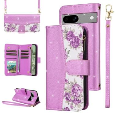 Imagem de Furiet Capa carteira floral para Google Pixel 6A 5G 2022 com alça de ombro com zíper e alça de ombro, suporte de cartão de couro PU com glitter de luxo para Pixel6A A6 feminina roxa