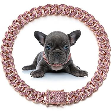 Imagem de LEIFIDE Coleira de corrente para cães com elos cubanos de diamante, colar de 12 mm de largura, corrente de metal para gatos, coleira de cristal para animais de estimação, acessórios para cães pequenos, médios e grandes e gatos (ouro rosa, 50 cm)