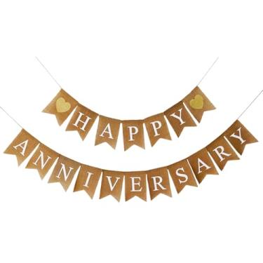 Imagem de Shimmer Anna Shine Faixa de juta feliz aniversário para decorações de aniversário de casamento com corações dourados com glitter