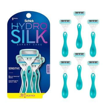 Imagem de Schick Hydro Silk Aparelhos de barbear descartáveis para mulheres sensíveis, 6 unidades | Lâminas descartáveis de 5 lâminas para mulheres com pele sensível | Navalha de viagem para mulheres