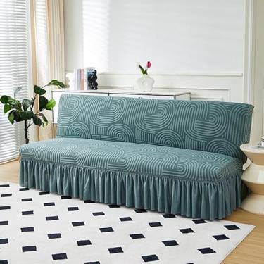 Imagem de Capa de futon sem braços com saia de babados, capa de sofá-cama futon altamente elástica, capa de sofá antiderrapante sem braços, tecido de veludo grosso, macio e aconchegante(Green,Large (190-210cm))