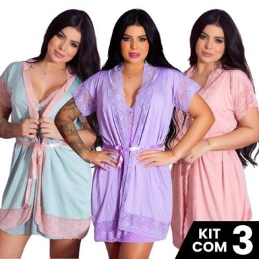 Imagem de Kit 3 Robes Feminino Noiva Sexy Renda Luxo Roupão Banho Kimono Roupa d