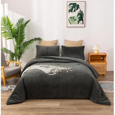 Imagem de honey qiao Conjunto de edredom solteiro de veludo cinza, 3 peças, macio e aconchegante, com edredom de veludo e 2 fronhas, elegante edredom de veludo para conforto durante todo o ano