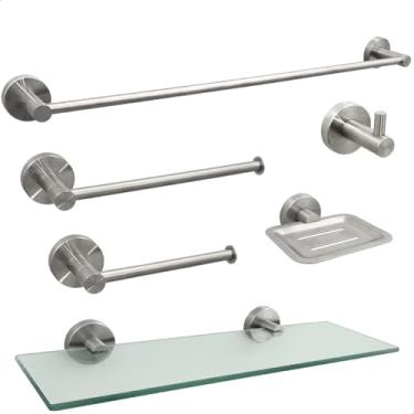 Imagem de Dona D Cor, Jogo De Banheiro Acessorio Inox 304 Kit Lavabo Luxo 6 Peças Porta Shampo Vidro Incolor Saboneteira Toalheiro 60cm Papeleira Gancho Porta Toalha Reto