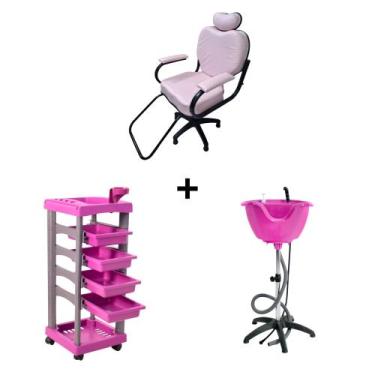Imagem de Kit Lavatório Portátil Salão Rosa Carrinho Cadeira - HENVIFER
