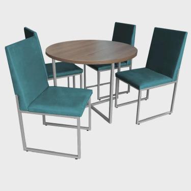 Imagem de Kit Mesa de Jantar Theo com 4 Cadeiras Sttan Ferro Cinza Tampo Imbuia Suede Azul Turquesa - Ahz Móveis