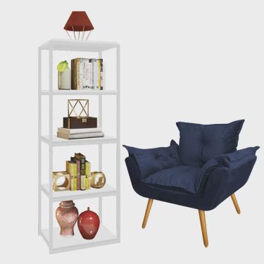 Imagem de Kit Poltrona Fatte com Estante Livreiro Ferro Branco mdf Branco Suede Azul Marinho - Ahazzo Móveis