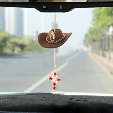 Imagem de Adorável chapéu balançando pingente de carro, chapéu de cruz de cristal, espelho retrovisor, enfeite para pendurar, interior, interior, acessórios de decoração de casa, presente de aniversário para