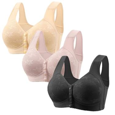 Imagem de 3 Pack Daisy Bra, Lightweight, Breathable and Gathered, Front Enclosed Wireless Push-Up Bra Everyday Wireless Wireless Comfort Bra for Older Women(J,4X-L)