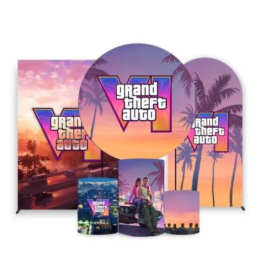 Imagem de Kit Painel de Festa Redondo, Trio de Cilindros, Painel Lateral e Romano GTA VI - Fera Print