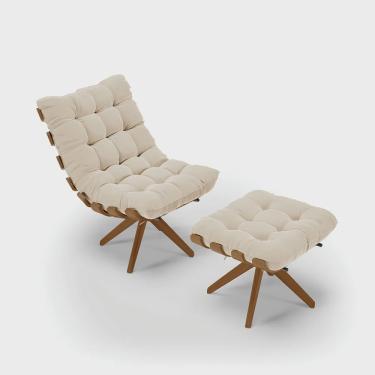 Imagem de Kit 01 Poltrona e 01 Puff Giratório Costela Suede Bege Base Madeira MA25 - D'Rossi