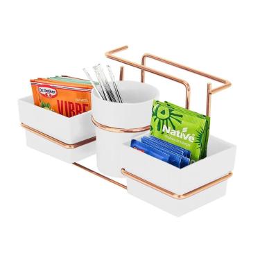 Imagem de Porta Sachês Guardanapos Mexedor Açucar Chá Organizador Branco Rose Gold - 1224BCR Future