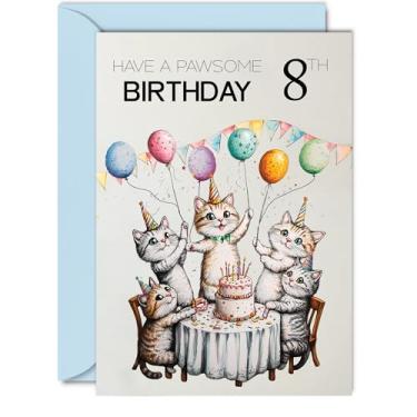 Imagem de Cartão de aniversário de 8 anos para meninos e meninas - balões de gatos de festa pawsome - Cartões de feliz aniversário para meninos e meninas de 8 anos, cartões comemorativos de aniversário de gato