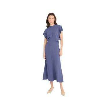 Imagem de Luxely For Maggy London Tecido de fibras recicladas | Corpete midi de manga curta com gola redonda | Vestidos femininos, Sombra noturna azul, 48