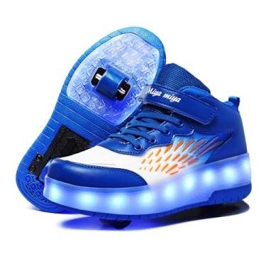 Imagem de GIMKOUNN Tênis feminino com 2 rodas recarregável por USB, patins para iniciantes com 16 modos de luz de LED, para crianças, meninos, calçados estilosos unissex, 02 azul, 20