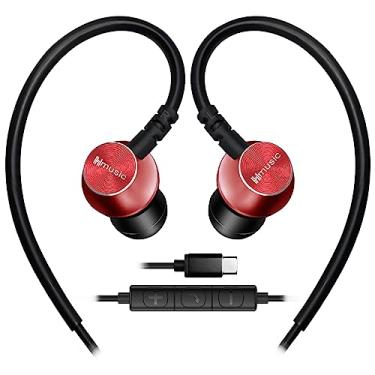 Imagem de Hmusic Fones de ouvido esportivos com fio com microfone, fones de ouvido intra-auriculares USB tipo C com gancho para esportes, corrida, treino, exercícios, academia (vermelho)
